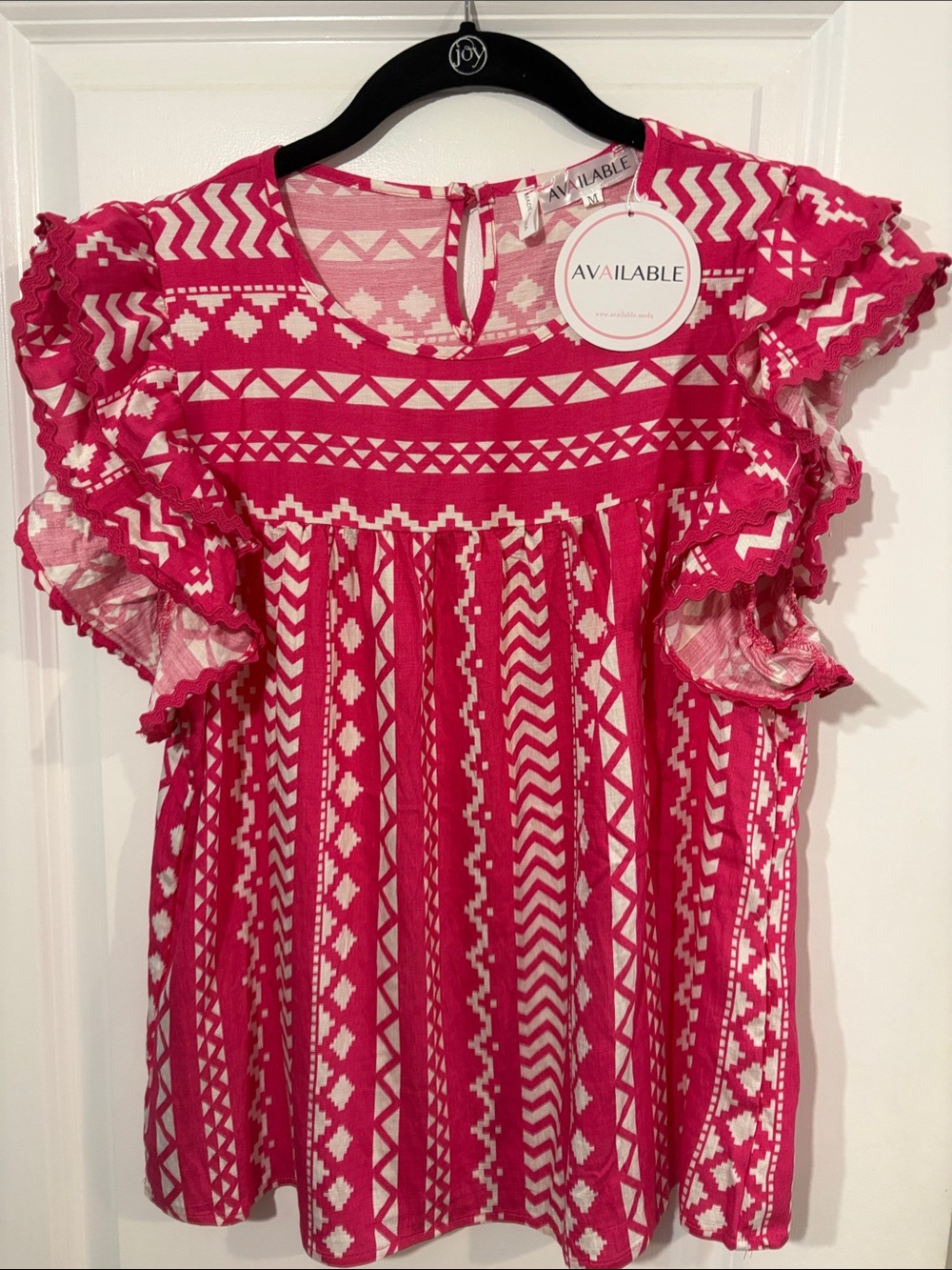 Available Pink Geometric Ruffle Sleeve Blouse